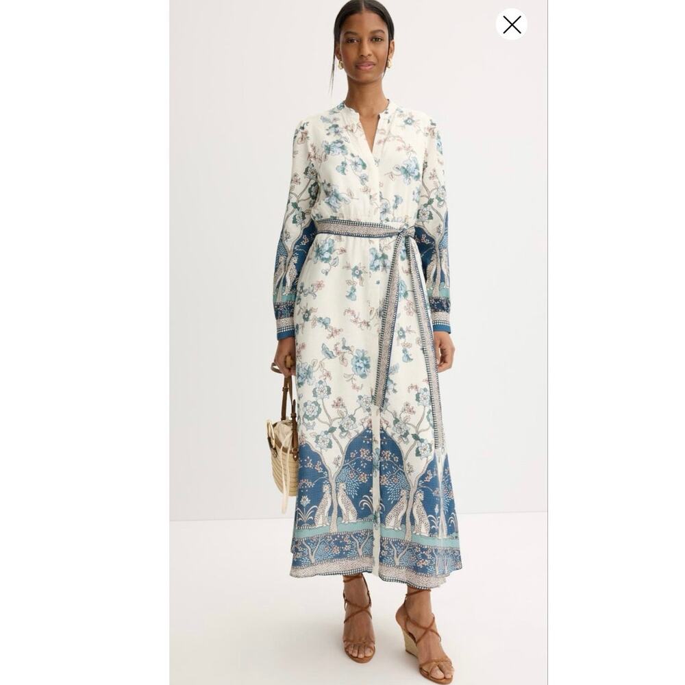 CABALLERO White Blue Cheetah Reflections Print Button Front Tie Waist Dress sz S